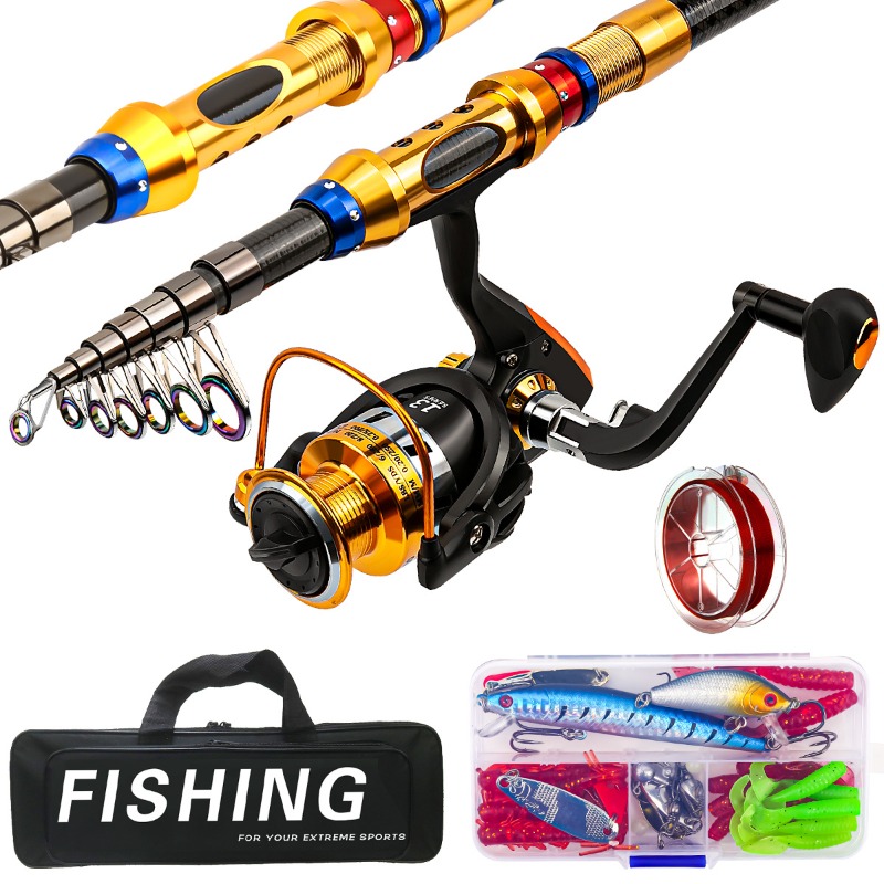 Reel Bag - 携帯用カーボンファイバー製伸縮式釣り竿とリールのフルキット、シミュレーションルアーとキャリーバッグ付き、淡水・海水両用